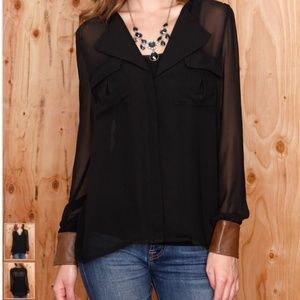 Women's NWTsheer black faux leather trimmed blouse